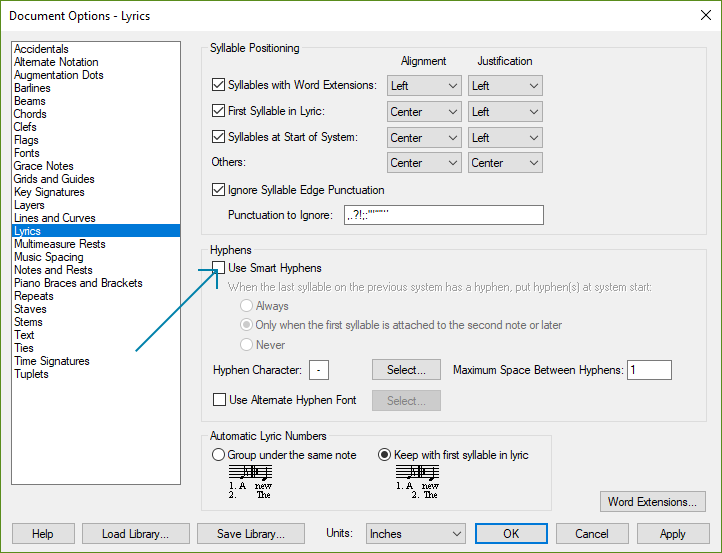 Document Options - Lyrics dialog box with Use Smart Hyphens highlighted
